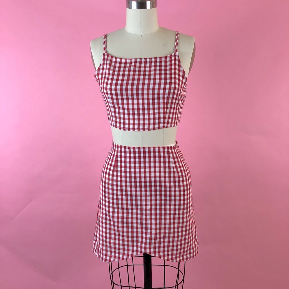 Red Gingham Crop Tank Top and Skirt — Women